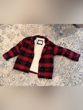 Old Navy Cream Sherpa-Lined Plaid Jacket with Red Trim